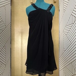 Black Cocktail Dress Size 6 LM Collection Asymmetrical Jeweled Straps Wedding